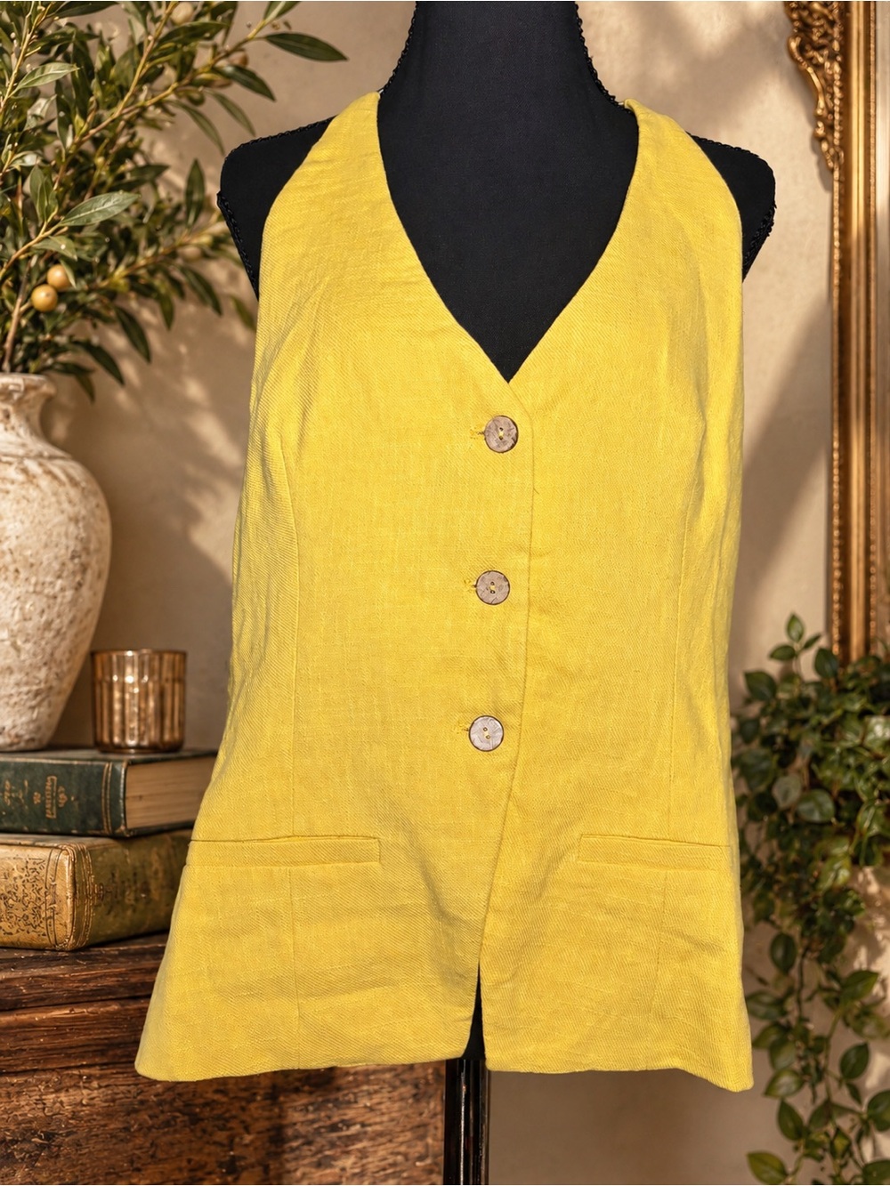 NWT Commense XL Butter Yellow Linen Halter Vest Top Euro Coastal